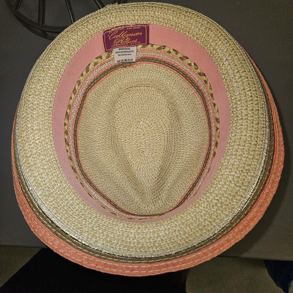 Callanan Resort Hat Fedora Womens One Size Tan Pink Striped Braided Summer Beach - Picture 9 of 9